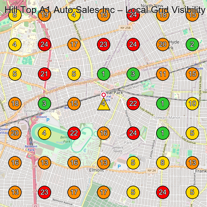 Hill Top A1 Auto Sales Inc Used Car Dealer GeoGrid ranking map for Queens NY
